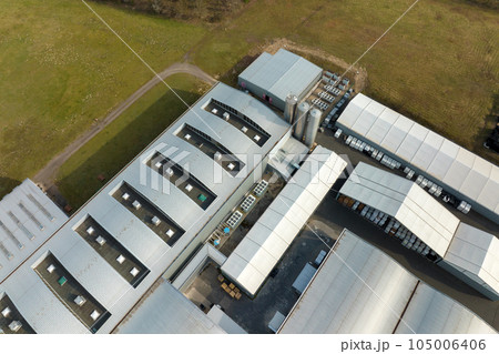 Aerial view of new factory building for producing and shipping of industrial equipment 105006406