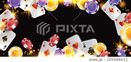Casino background, vector VIP poker gambling game poster, flying chips, playing cards Vegas banner. Casino background, vector VIP poker gambling game poster, flying chips, playing cards Vegas banner. 105006612