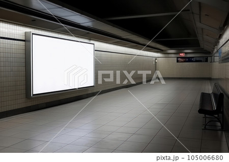 A haunting and eerie atmosphere fills this abandoned subway station with a blank TV mockup on the wall. is AI Generative A haunting and eerie atmosphere fills this abandoned subway station with a blank TV mockup on the wall. is AI Generative 105006680