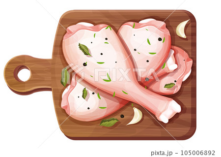 Chicken leg, raw drumstick top view on wooden round board with garlic and seasoning spices in cartoon style isolated on white background. Bird meat uncoocked, ingredient design. Chicken leg, raw drumstick top view on wooden round board with garlic and seasoning spices in cartoon style isolated on white background. Bird meat uncoocked, ingredient design. 105006892