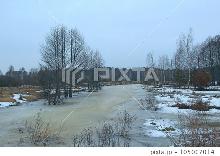 Beautiful landscape with winter river. Frost and snow Beautiful landscape with winter river. Frost and snow 105007014