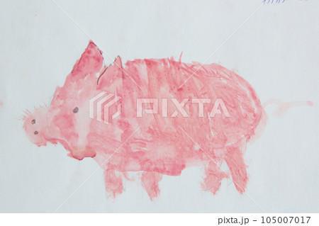 Child's drawing of pink pig made by water color. 105007017