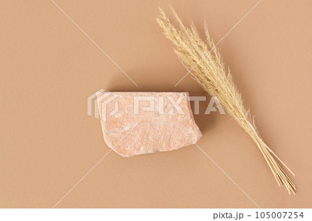Stone Podium for promotion on beige Background. Natural rock pedestal. One stone, pampas grass. Beauty product mockup. Scene to show products. Showcase, display case. Top View, soft shadow, Flat lay 105007254