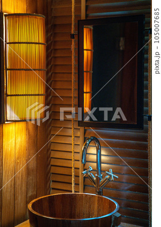 Wooden bathroom in cabin on Haad Tien Beach in shark bay, koh Tao, Thailand Wooden bathroom in cabin on Haad Tien Beach in shark bay, koh Tao, Thailand 105007685