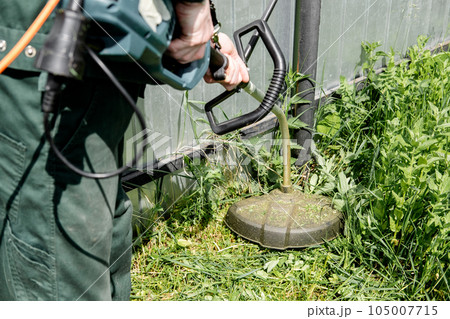 man mows lawn grass with a lawn mower. petrol lawn mower, trimmer close-up. Man working in the garden 105007715