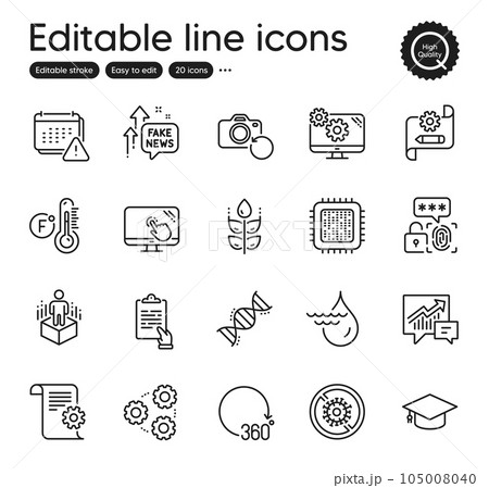 Set of Science outline icons. Contains icons as Clipboard, Stop coronavirus and Touch screen elements. Fake news, Recovery photo, Cpu processor web signs. Gluten free, Cogwheel blueprint. Vector 105008040