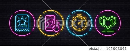 Timer, Heart rating and Loyalty ticket minimal line icons. Neon laser 3d lights. Shields icons. For web, application, printing. Deadline management, Phone feedback, Bonus star. Safe secure. Vector 105008041
