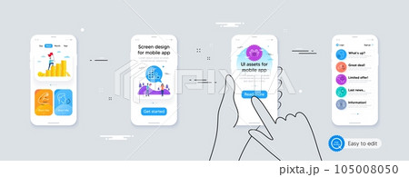Set of Cyber attack, Health skin and Foreman line icons. Phone ui interface. Include Medical tablet, Inventory, Teamwork business icons. Clapping hands, Cough, Strong arm web elements. Vector 105008050