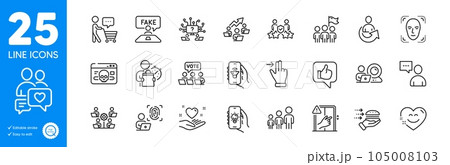 Outline icons set. Business hierarchy, Fake review and Smile chat icons. Like, Security agency, Teamwork question web elements. Users chat, Share, Face detection signs. Buyer think. Vector 105008103