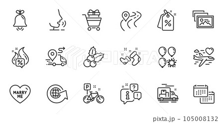 Outline set of Marry me, World globe and Calendar line icons for web application. Talk, information, delivery truck outline icon. Include Santa boots, Hot offer, Balloon dart icons. Vector Outline set of Marry me, World globe and Calendar line icons for web application. Talk, information, delivery truck outline icon. Include Santa boots, Hot offer, Balloon dart icons. Vector 105008132