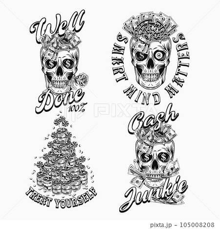 Set of colorful money vintage labels with skull, text. Fantasy, creative, meaningful concept of success, making money. White background. For prints, clothing, apparel, tattoo, t shirt, surface design Set of colorful money vintage labels with skull, text. Fantasy, creative, meaningful concept of success, making money. White background. For prints, clothing, apparel, tattoo, t shirt, surface design 105008208