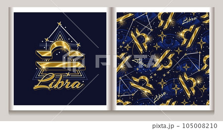 Pattern, label with gold icon of zodiac sign Libra, constellation with stars, third eye, text, triangle as alchemical symbol of air element. Horoscope esoteric design elements. Vintage style. 105008210
