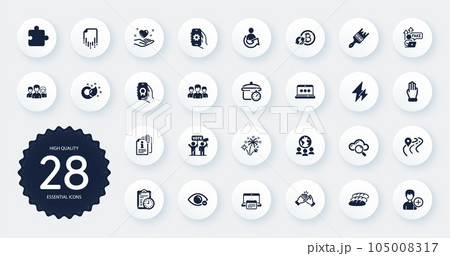 Set of Business icons, such as Fake internet, Clapping hands and Group flat icons. Laptop password, Puzzle, Add person web elements. Calendar, Hold heart, Exam time signs. Share. Vector Set of Business icons, such as Fake internet, Clapping hands and Group flat icons. Laptop password, Puzzle, Add person web elements. Calendar, Hold heart, Exam time signs. Share. Vector 105008317