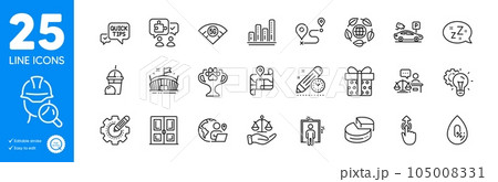 Outline icons set. Arena, Project deadline and Winner cup icons. 5g wifi, Justice scales, Parking security web elements. Inspect, Gift box, Pie chart signs. Journey, Map, Graph chart. Vector 105008331