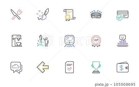 Coffee maker, Checked file and Award cup line icons for website, printing. Collection of Certificate, Fireworks, Paint brush icons. Weather forecast, Left arrow, Smile web elements. Vector Coffee maker, Checked file and Award cup line icons for website, printing. Collection of Certificate, Fireworks, Paint brush icons. Weather forecast, Left arrow, Smile web elements. Vector 105008695