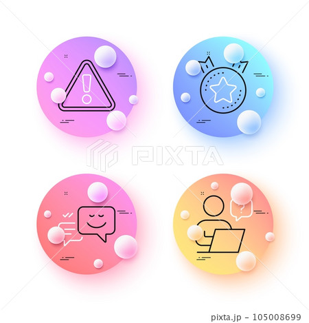Happy emotion, Warning and Ranking star minimal line icons. 3d spheres or balls buttons. Online question icons. For web, application, printing. Web chat, Important message, Winner medal. Vector 105008699