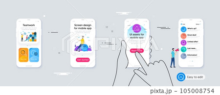 Set of Research, Loyalty award and Honeymoon travel line icons. Phone ui interface. Include Usd coins, Pie chart, Plants watering icons. Lightweight mattress, Inspect, Hand web elements. Vector 105008754