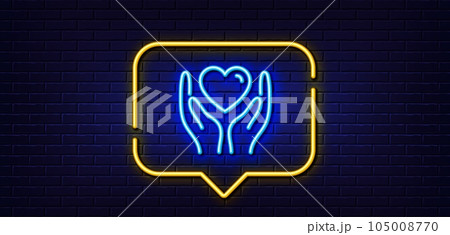 Neon light speech bubble. Hold heart line icon. Friends love sign. Friendship hand symbol. Neon light background. Hold heart glow line. Brick wall banner. Vector Neon light speech bubble. Hold heart line icon. Friends love sign. Friendship hand symbol. Neon light background. Hold heart glow line. Brick wall banner. Vector 105008770