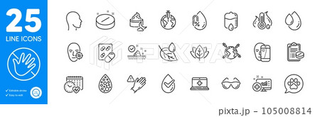 Outline icons set. Eyeglasses, Oil drop and World vaccination icons. Fever temperature, Organic tested, Capsule pill web elements. Medical analytics, Drop counter, Leaf dew signs. Vector Outline icons set. Eyeglasses, Oil drop and World vaccination icons. Fever temperature, Organic tested, Capsule pill web elements. Medical analytics, Drop counter, Leaf dew signs. Vector 105008814