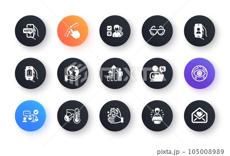 Minimal set of Lawyer, Brand ambassador and Opinion flat icons for web development. Employee results, Swipe up, Online discounts icons. Sick man, Baggage app, User call web elements. Vector 105008989