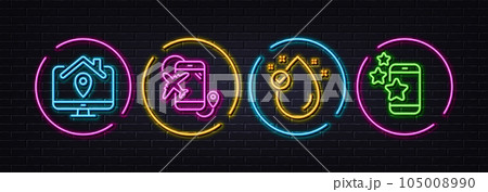 Flight destination, Vitamin e and Work home minimal line icons. Neon laser 3d lights. Best app icons. For web, application, printing. Airplane trip, Oil drop, Freelance work. Rating stars. Vector 105008990