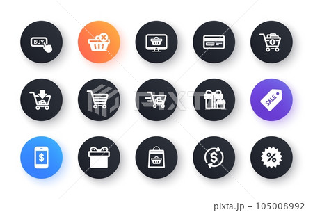 Shopping bag icons. Gift, Present and Sale discount. Delivery classic icon set. Circle web buttons. Vector Shopping bag icons. Gift, Present and Sale discount. Delivery classic icon set. Circle web buttons. Vector 105008992