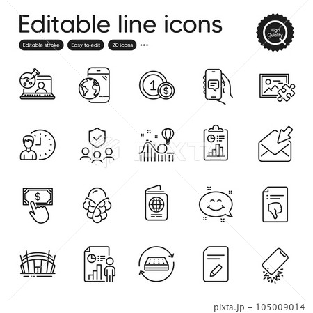 Set of Business outline icons. Contains icons as Smartphone broken, Mattress and Arena stadium elements. Working hours, Usd coins, Thumb down web signs. Payment click, Passport. Vector 105009014