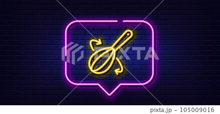 Neon light speech bubble. Cooking whisk line icon. Cutlery sign. Food mix symbol. Neon light background. Cooking whisk glow line. Brick wall banner. Vector 105009016