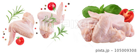 Raw chicken wings isolated on white background with full depth of field. Top view. Flat lay Raw chicken wings isolated on white background with full depth of field. Top view. Flat lay 105009308