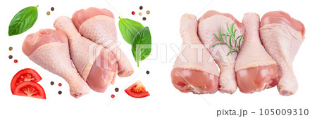 Raw chicken leg or drumstick isolated on white background with full depth of field. Top view. Flat lay Raw chicken leg or drumstick isolated on white background with full depth of field. Top view. Flat lay 105009310