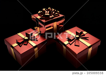 Merry New Year and Merry Christmas 2022 red gift boxes with light red bows on black background. Gift 105009338