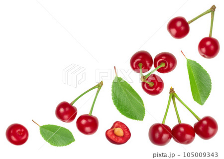 Some cherries with leaf closeup isolated on white background. Top view with copy space for your text. Flat lay. Some cherries with leaf closeup isolated on white background. Top view with copy space for your text. Flat lay. 105009343