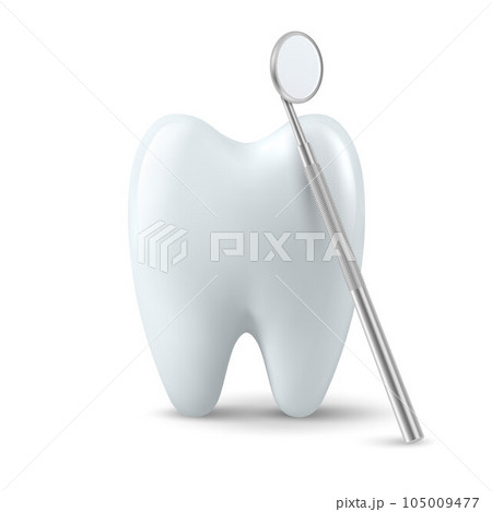 Vector 3d Realistic Dental Inspection Mirror for Teeth with Tooth Icon Closeup Isolated on White Background. Medical Dentist Tool. Design Template, Clipart. Dental Health Concept 105009477