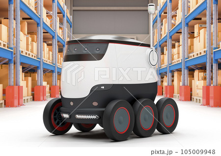 Autonomous robot in storehouse, delivery concept. 3D rendering Autonomous robot in storehouse, delivery concept. 3D rendering 105009948