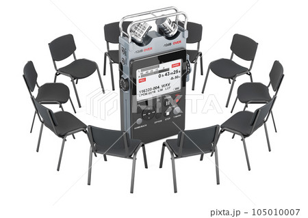 Chairs in a circle with dictaphone, 3D rendering Chairs in a circle with dictaphone, 3D rendering 105010007