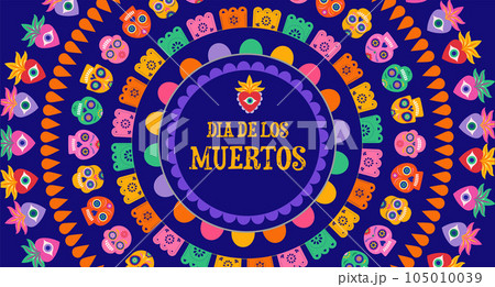 Dia de los Muertos, Day of the dead abstract Mexican background with circles of garlands, paper Dia de los Muertos, Day of the dead abstract Mexican background with circles of garlands, paper 105010039