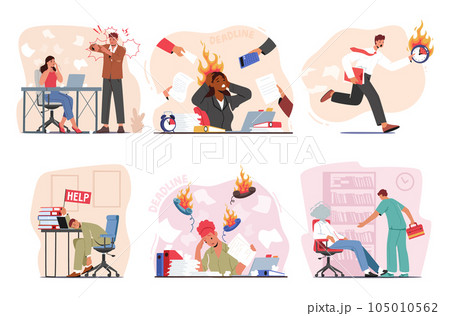 Overwhelmed Employee Characters, Burdened By Work-related Pressure, Experience Stress. It Impacts Mental Health 105010562