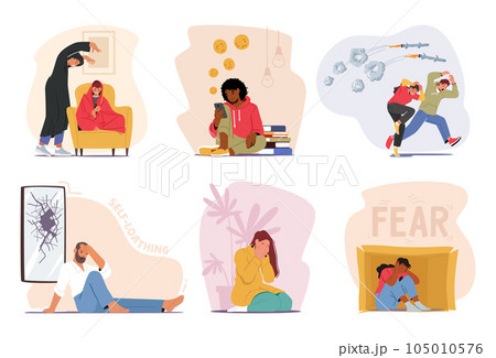Set Of Characters With Different Fears. People Afraid Of War, Introvert Sitting In Box, Man With Self-loathing 105010576