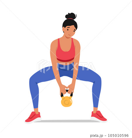Strong And Determined Fitness Woman Lifting A Kettlebell. Female Character Showcasing Her Strength, Endurance 105010596