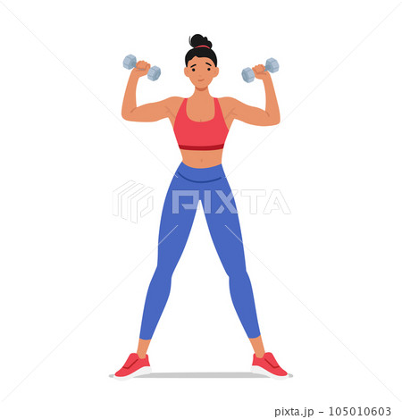 Fit Woman Engaging In Dumbbell Exercises. Young Female Character Building Strength And Toning Muscles, Illustration Fit Woman Engaging In Dumbbell Exercises. Young Female Character Building Strength And Toning Muscles, Illustration 105010603