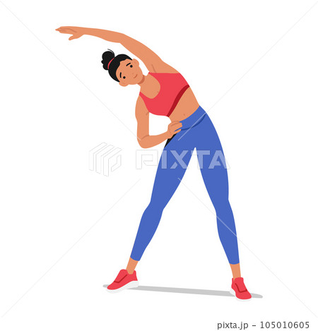 Young Sporty Fitness Trainer Woman Character Wear Blue Tracksuit Spend Time In Home Gym Tilt Body To Sides With Hand Young Sporty Fitness Trainer Woman Character Wear Blue Tracksuit Spend Time In Home Gym Tilt Body To Sides With Hand 105010605
