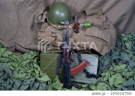 Kalashnikov AK 47 assault rifle with primitive russian body armor 105010700