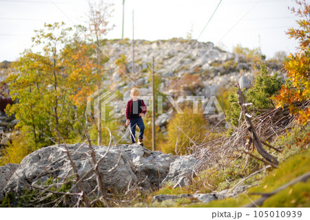 Preteen boy in red shirt is exploring nature and having fun during hiking in mountains valley on sunny day. Active leisure for energetic children. Summer outdoor recreation for kids 105010939