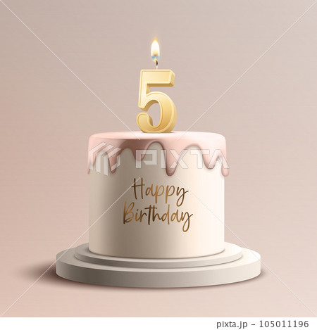 Five Years. Vector Birthday Anniversary Sweet Cake. Greeting Card, Banner with 3d Realistic Burning Golden Birthday Party Candle, Number, Flame. Icon Design Template for Birthday Concept. Front View Five Years. Vector Birthday Anniversary Sweet Cake. Greeting Card, Banner with 3d Realistic Burning Golden Birthday Party Candle, Number, Flame. Icon Design Template for Birthday Concept. Front View 105011196
