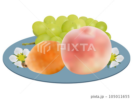お皿に盛られた夏フルーツ3種「ビワの実」「桃」「ブドウ」シャイン