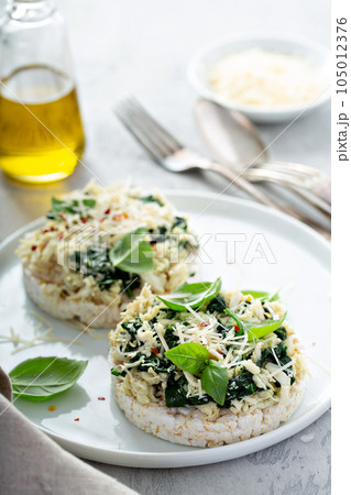 Open sandwiches with spinach and crab meat Open sandwiches with spinach and crab meat 105012376