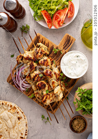 Greek chicken souvlaki with tzatziki Greek chicken souvlaki with tzatziki 105012906