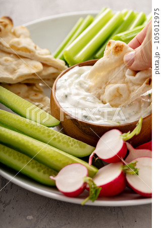 Large snack board with tzatziki dip or sauce and fresh vegetables Large snack board with tzatziki dip or sauce and fresh vegetables 105012975