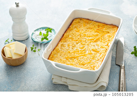 Cheesy cornbread freshly baked in a pan 105013205
