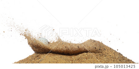 Golf ball explode from sand bunker. Golfer hit ball with club to sand explosion to green. Golf club hit ball in sand bunker explosion. White background isolated freeze motion 105013425